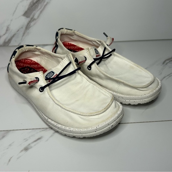Hey Dude Shoes - Hey Dude Americana Women's White Slip-On Loafers Size 7